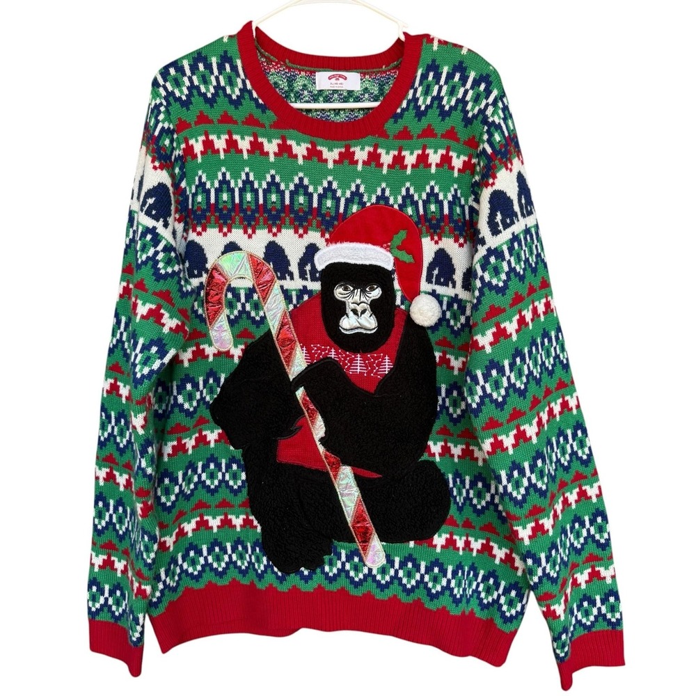 Holiday Time Sweater Mens XL Multicolor Gorilla Graphic Ugly Christmas Fair Isle